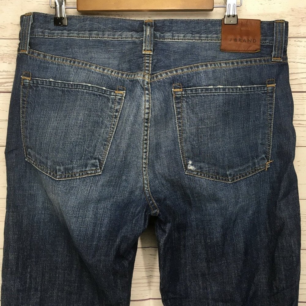 J Brand Kane Slim Straight Mens Blue Jeans 34x29 Bounty Destroyed and Distressed